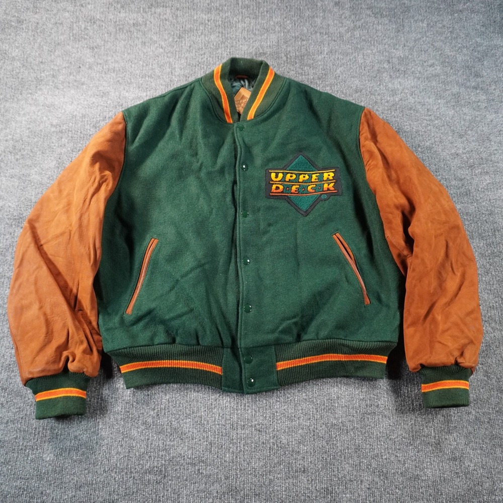 Upper Deck Varsity Jacket Mens XL Green Tan Leather Sleeves Wool 90s Vintage